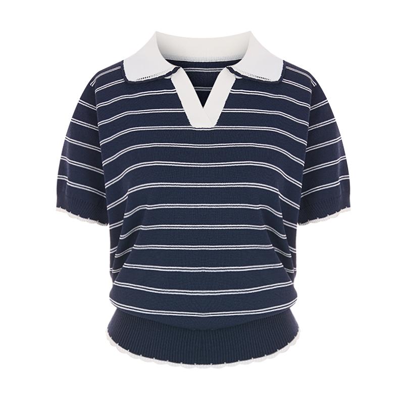 SELLY'S Striped Round Collar Short Sleeve Knit_I6B-Ckn007