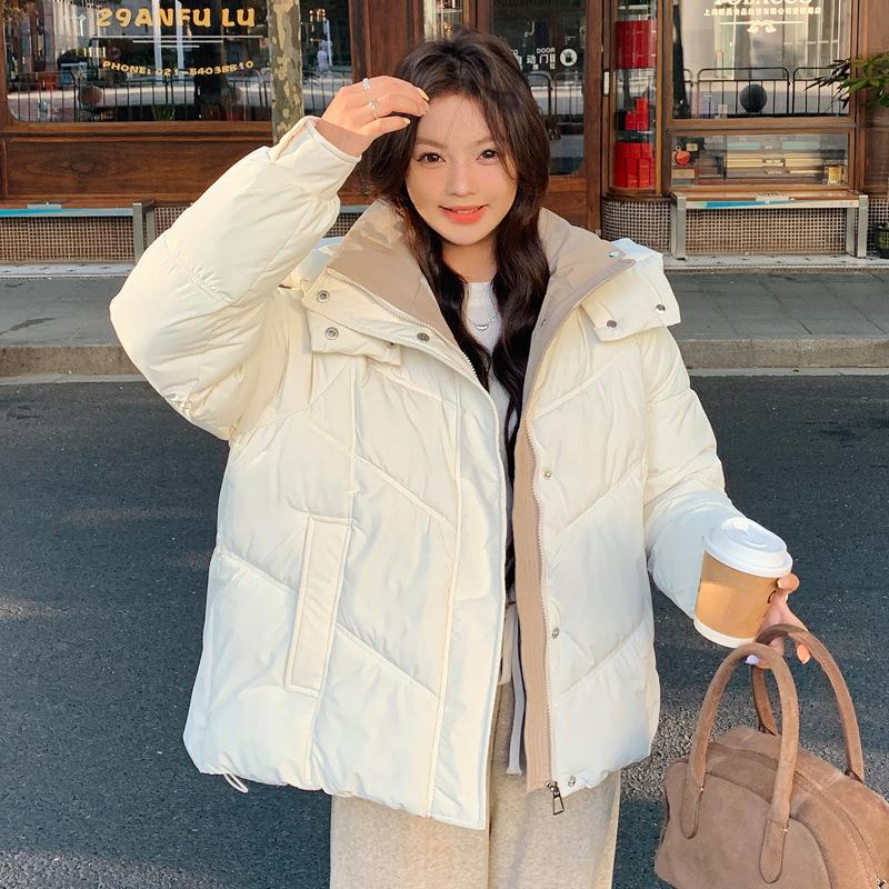 Cotton clothes women's winter 2025 new Korean thickened loose hooded contrasting cotton jacket Korean version of padded jacket student jacket