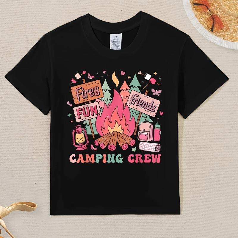 Kids T-Shirt for Retro Girls Campfire Family Matching Camping Crew, Featuring a Comfortable And Casual Round Neck with Short Sleeves 110 чёрный