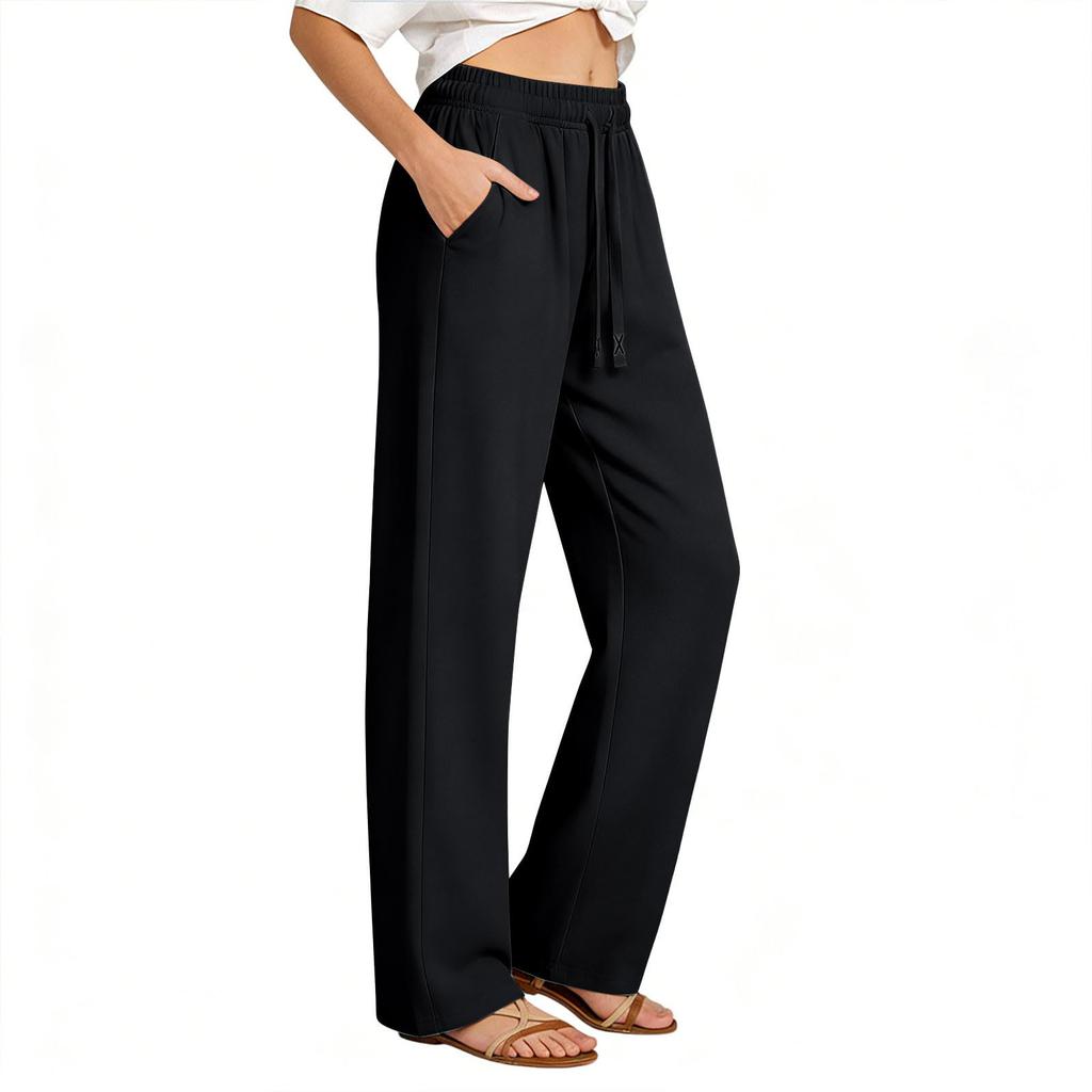 Women's Loose Fit Wide Leg Drawstring Waist Pants with Pockets Casual Straight Leg Trousers for Everyday Wear