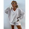 Womens Casual Striped 2-Piece Set Long Sleeve V-Neck Loose Top Cropped Shorts Streetwear Outfit