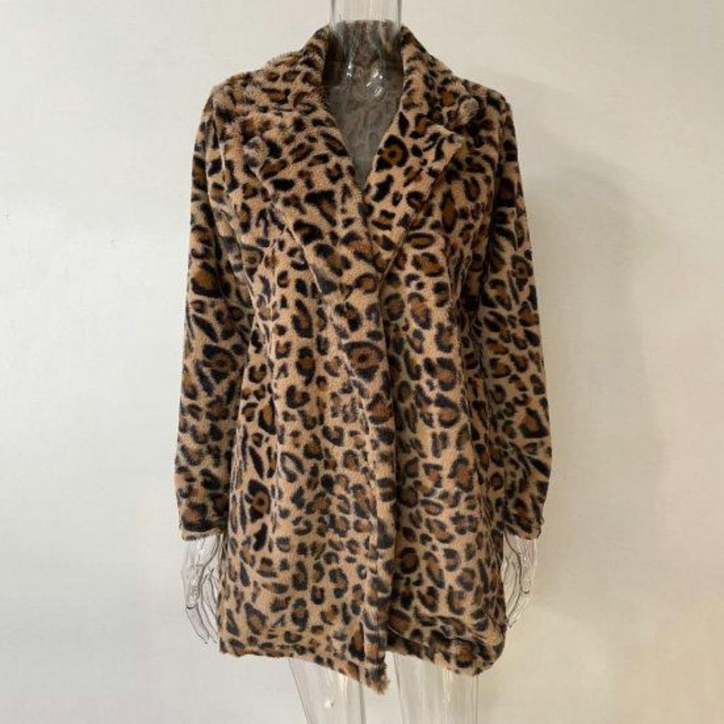 Fall Winter Women Coat Thick Plush Leopard Print Lapel Long Sleeve Windproof Cold-proof Mid Length Pockets Cardigan Lady Loose Overcoat