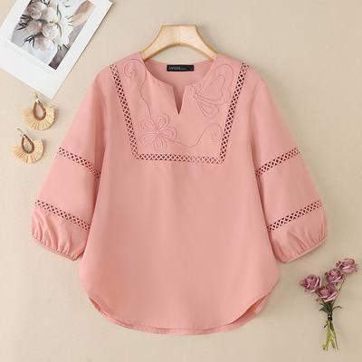 Women Casual V-Neck 3/4 Sleeve Loose Embroidery Blouse