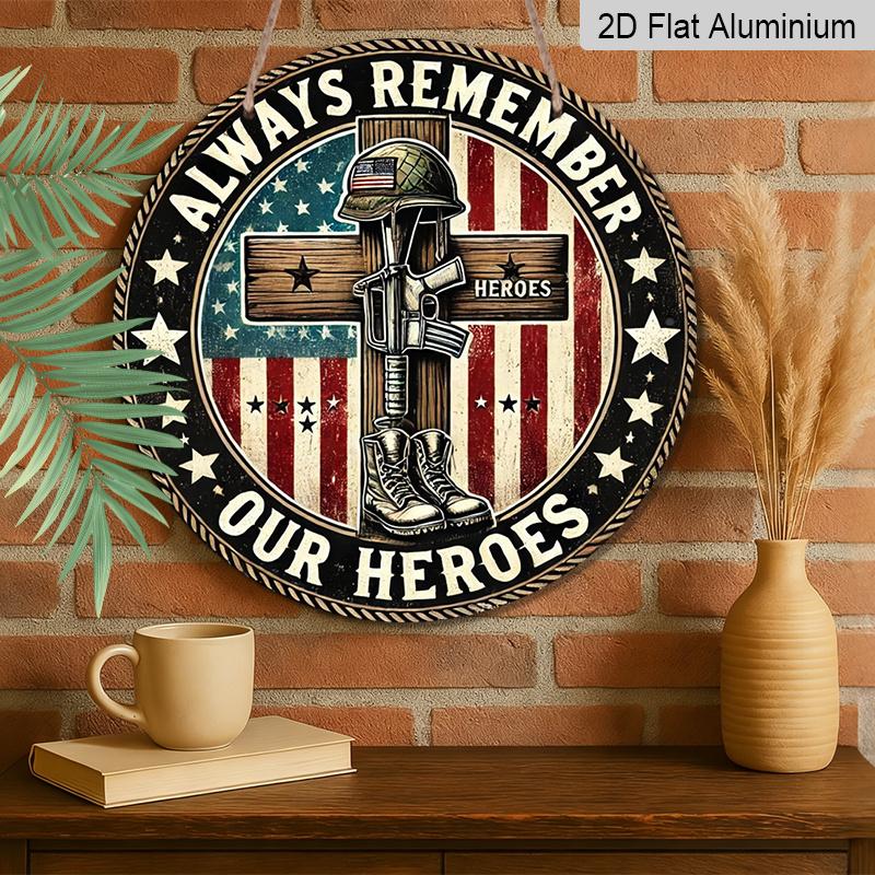 2D Flat, 1pc 7.87 Round Metal Sign | Patriotic Army Boots & Cross Iron Wall Art | Vintage Style, Wall Hanging, Suitable for Indoor & Outdoor Use in