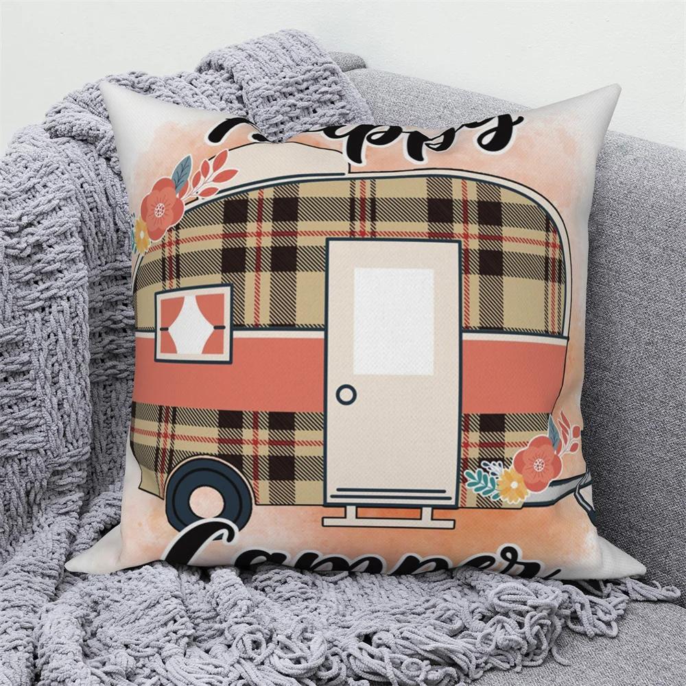 Decorative Cushion Covers Camping Bus Printed Pillow  Home Sofa Throw