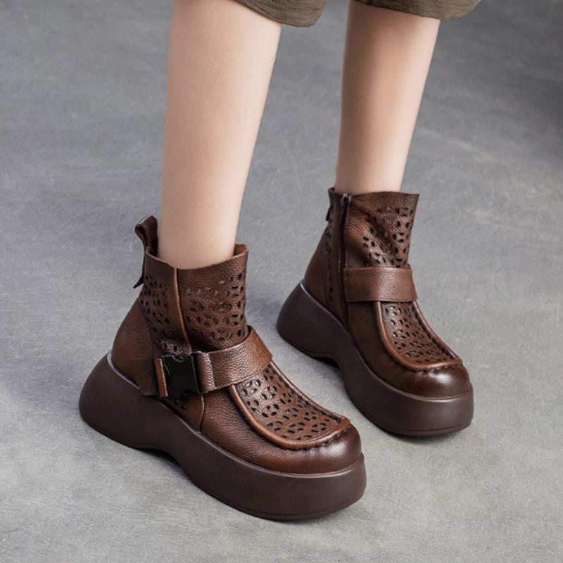 Johnature Breathable Hollow-out Boots Genuine Leather Lightweight Platform Sandals Thick Sole Women's Shoes