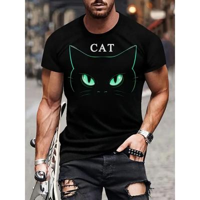 Herren T-Shirt mit Cartoon-Muster und Katzen-Print, Sommer, lässig, kurzärmelig, Street-Stil, Rundhalsausschnitt, kurzärmeliges Oberteil, übergroße Kleidung