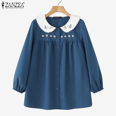 Women Splice Doll Collar Loose Casual Long Sleeve Blouse