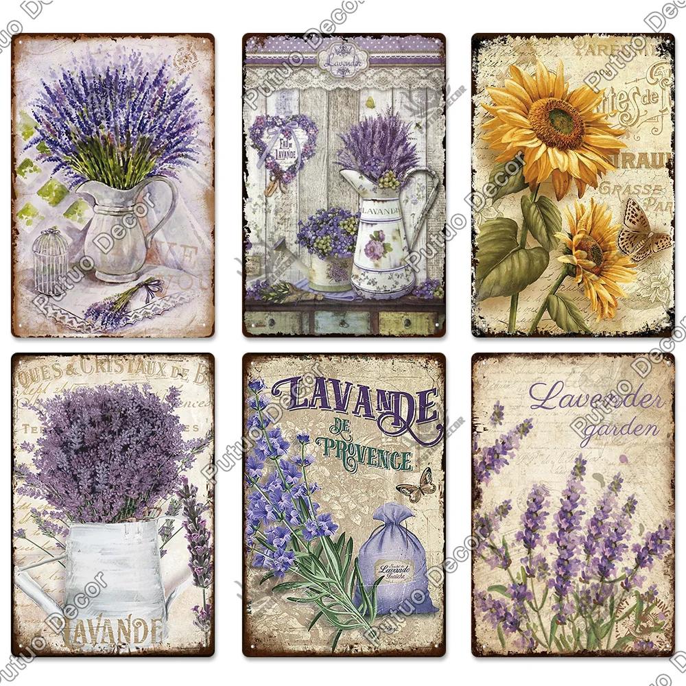 Putuo Decor Lavendel Metallskyltar Plåtposter Metall Vintage Solros Skyltar Retro Blomma Plåtskylt Tusensköna Väggdekor för Hem Trädgård