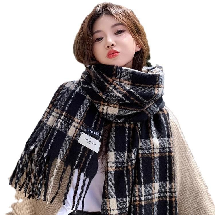 Korean Scarf Winter Women's Atmosphere New Mohair High Sense Thickened Warm Shawl Plaid Scarf
