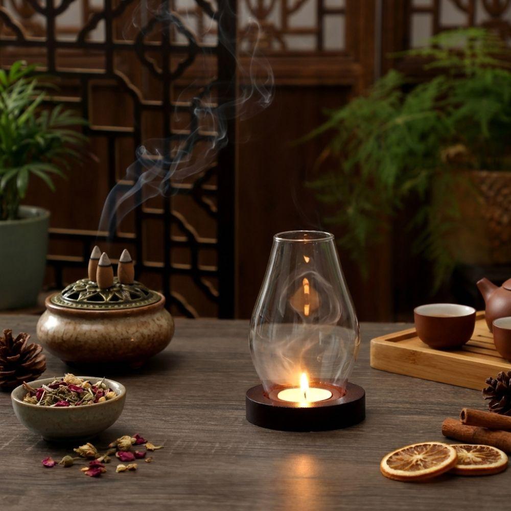 Base in Legno Massello Portacandele in Vetro Lampada per Incenso Trasparente Ambiente Interno