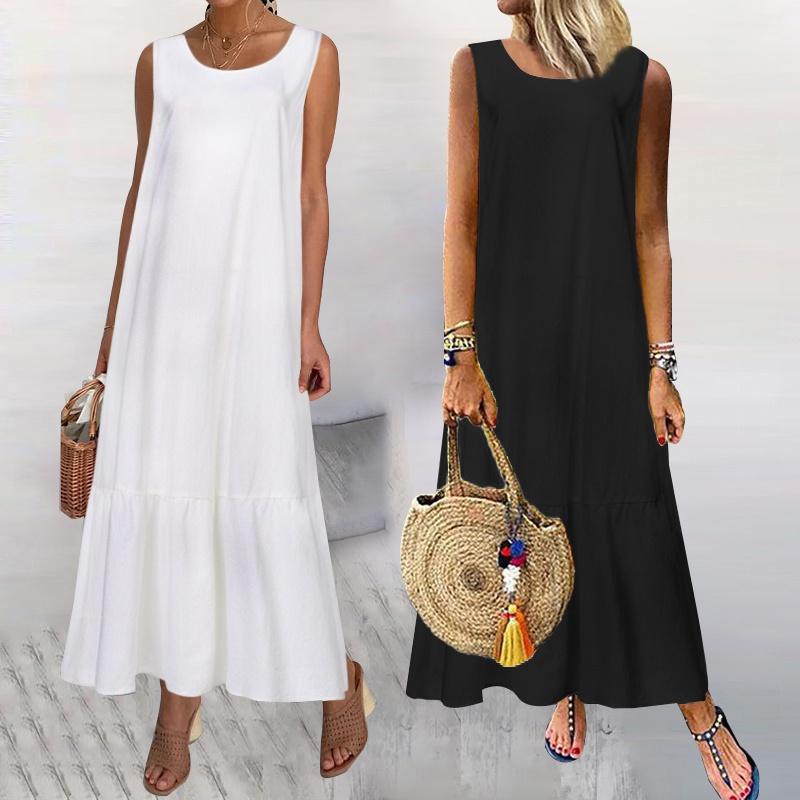 Damen Maxi Kleid Baumwolle Ärmellos Luftiger Schnitt Sommerstil