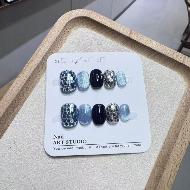 Sparkly Blue Glitter Press-On Nails With Snowflake Rhinestones Gradient Cat Eye Design Women Extra Small