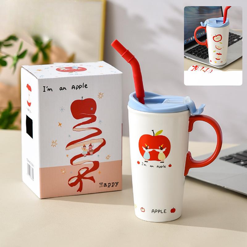 

Милая высокая кружка в виде красного яблока, керамическая чашка с крышкой, для девушки, для пары, для молока, чая, холодных напитков, соломка 520ml