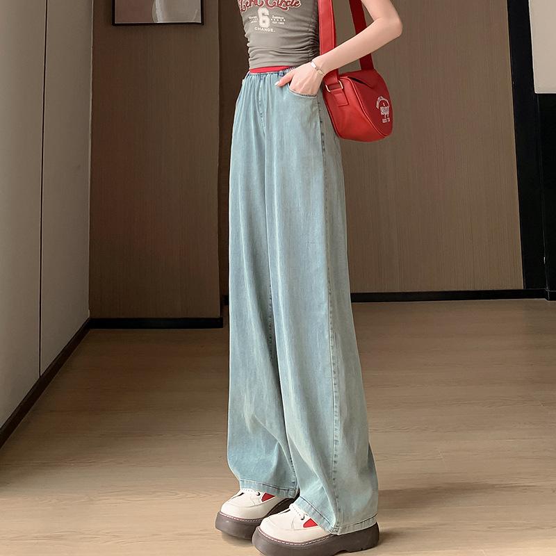 Summer High Waist Denim Jeans Women Wide Leg Loose Casual Blue Jean Full Length Pants Trousers