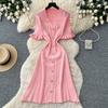 Summer Autumn Pink Button-Down Short Sleeve Short Knit Dress for Women Elegant Turn Down Collar Single-breasted Ruffles Slim Sweater Dresses