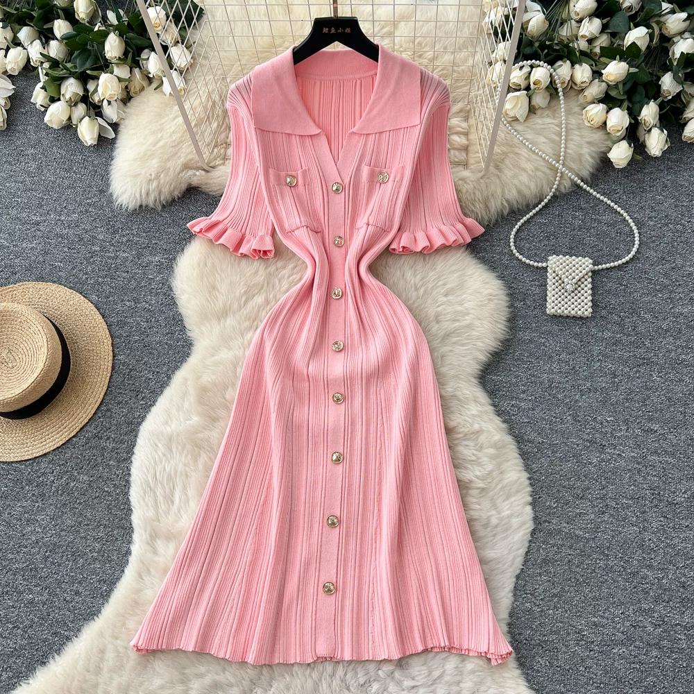 Summer Autumn Pink Button-Down Short Sleeve Short Knit Dress for Women Elegant Turn Down Collar Single-breasted Ruffles Slim Sweater Dresses