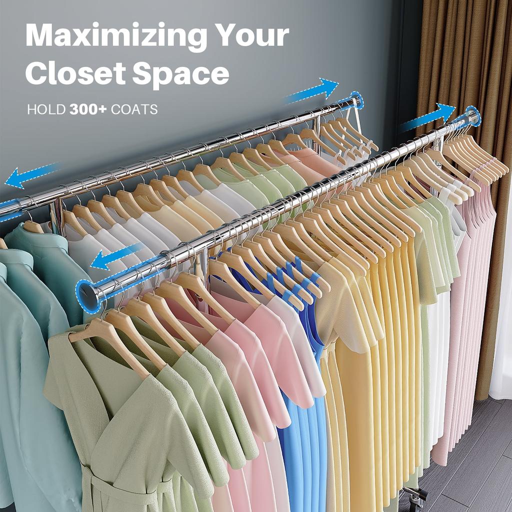 Double Rods Clothes Rack Rolling Clothing Rack for Hanging Clothes Portable Wardrobe Garment Coat Rack for Bedroom Laundry Room