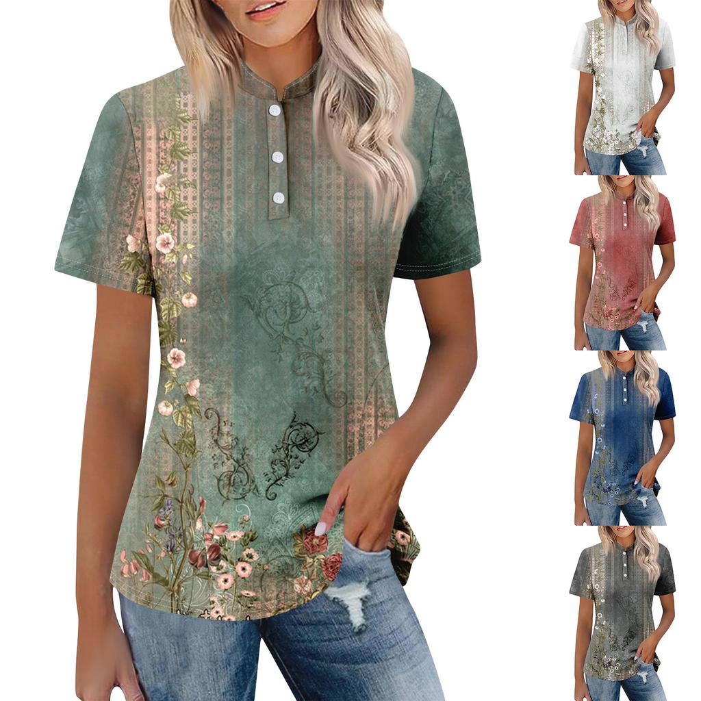 Women's Casual Floral Print V-Neck Short Sleeve Decorative Button T-Shirt Top