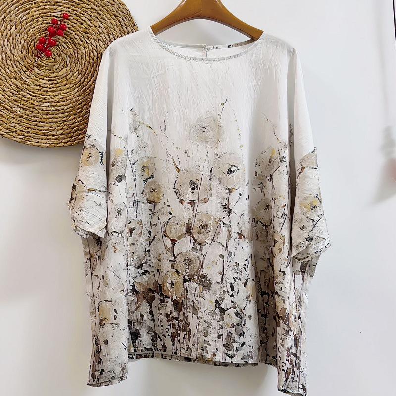 Letnia bawełniana lniana bluzka w stylu etnicznym z luźnym dużym rozmiarem, z okrągłym dekoltem, damska koszulka z krótkim rękawem