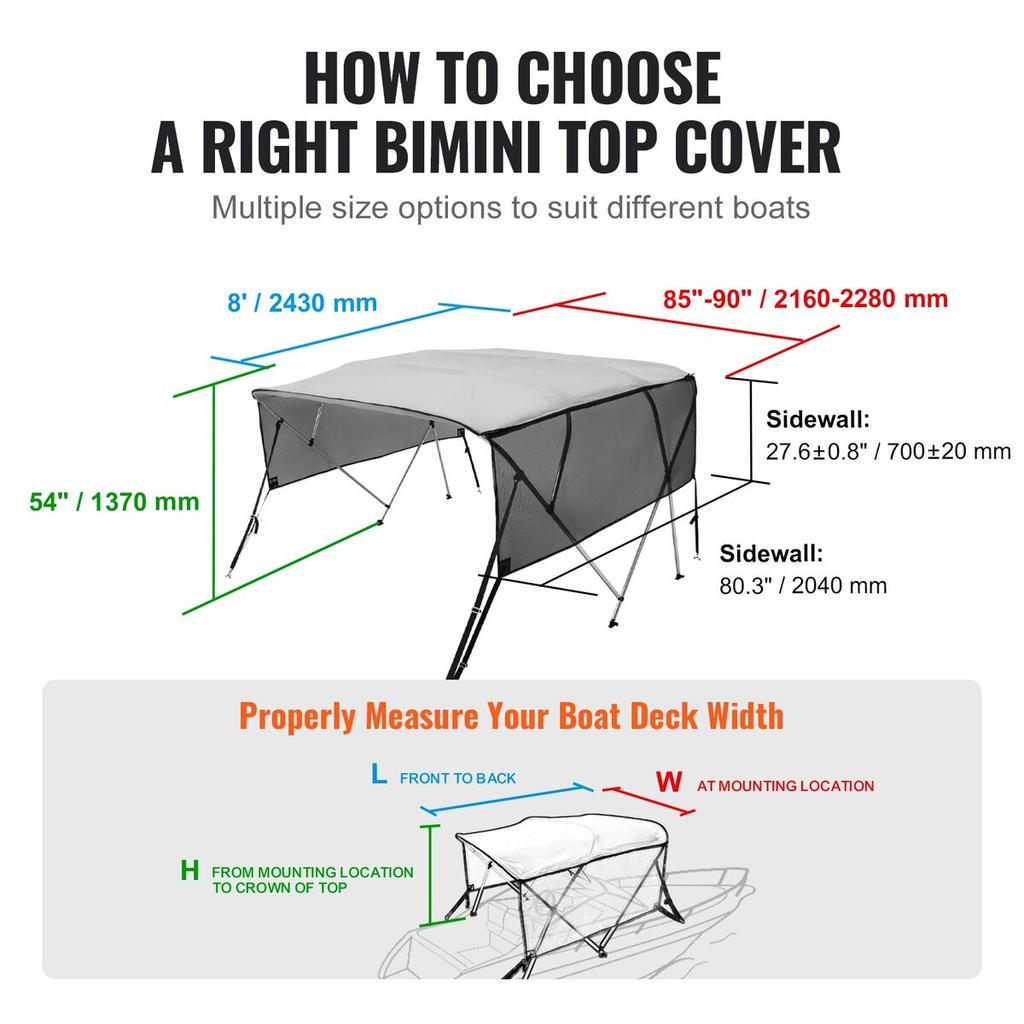 4 Bow Bimini Top Boat Cover, Detachable Mesh Sidewalls, 600D Polyester Canopy with 1" Aluminum Alloy Frame, Includes Storage Boot, 2 Support Poles, 2