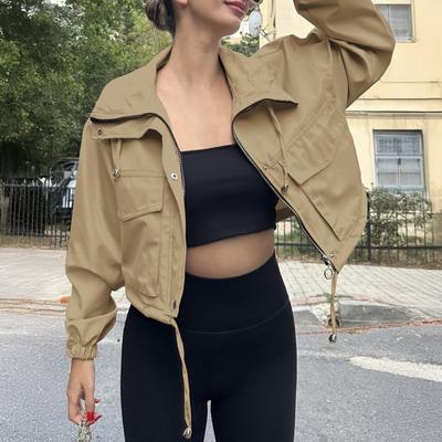 Jachetă Utilitară Crop Femei cu Fermoar, Anorac Oversized cu Buzunare, Toamnă, Șnur, Îmbrăcăminte Exterioară Scurtă