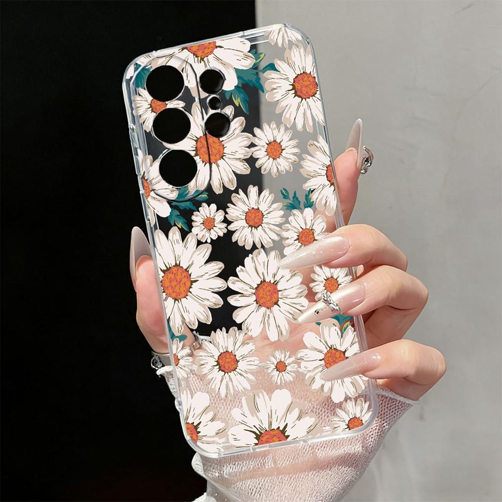 Cute Daisy Floral Transparent Phone Case For Samsung Galaxy S26 S25 S23 S22 Ultra Plus Clear Soft TPU Shockproof Flower Cover