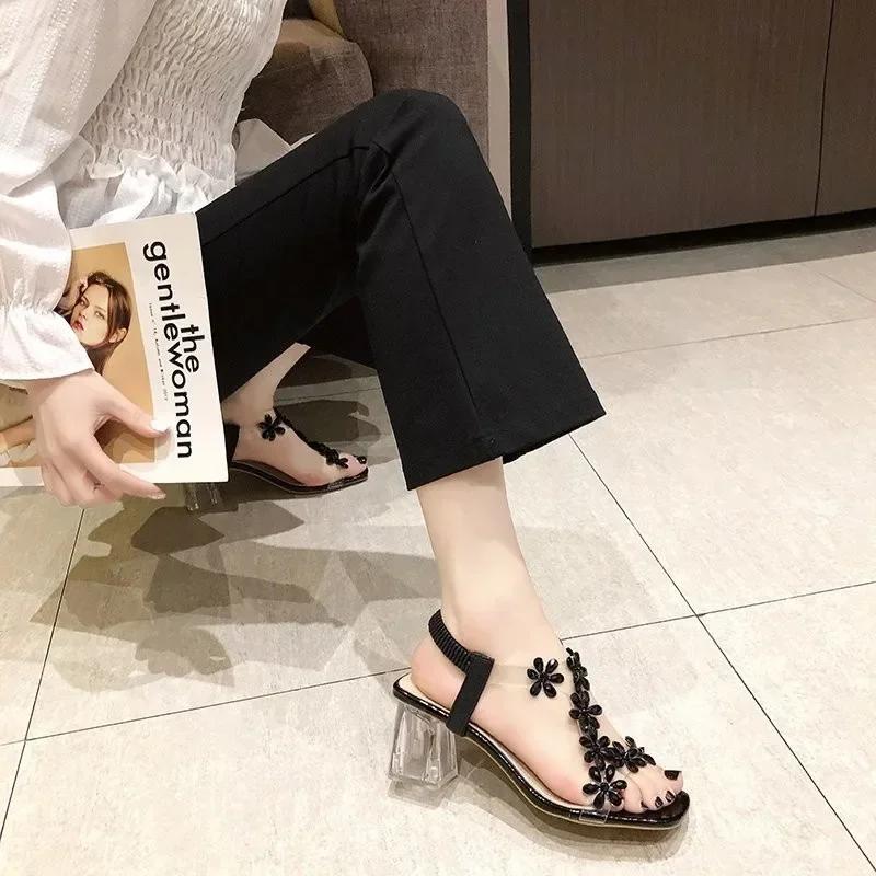 Fashion Women Sandals 2024 Summer Pvc Crystal Flower Chunky Heel Peep Toe Back Strap Elastic Elegant Fashion Shoes Ladies Zapatos