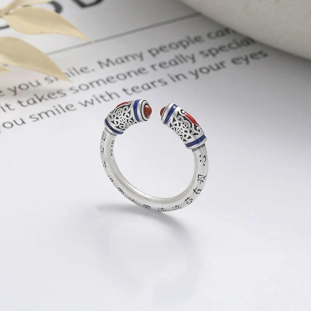 Heart Sutra Carving Ethnic Ancient Style Ring Flower Engraving Silver Color Open Rings Women