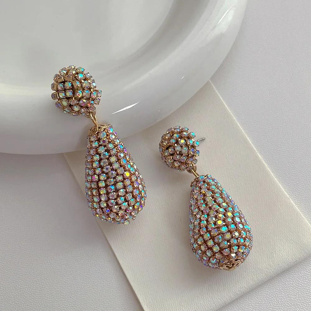 Women Gold Plated Alloy Full Rhinestone Water Drop Dangle Earrings Long Hanging Jewelry