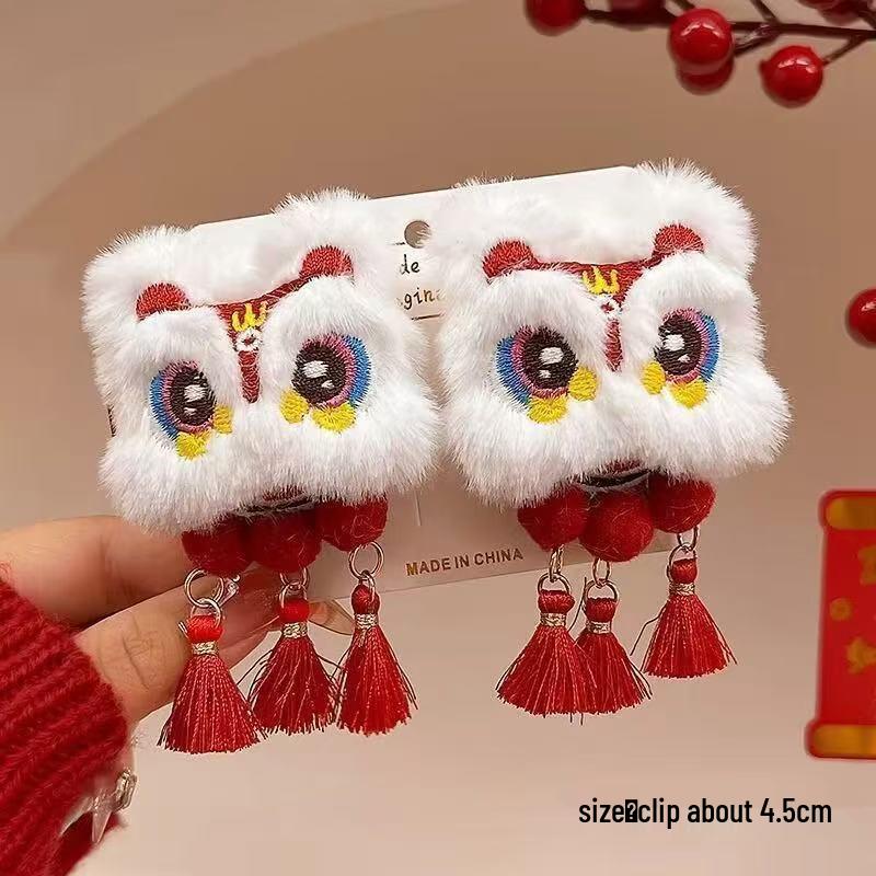 Red Lion Dance Tassel Hair Clip - Chinese New Year Hanfu Accessory for Women