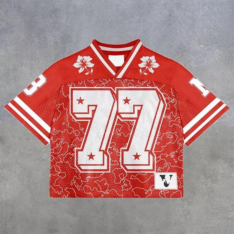 Maglietta americana Y2K, stile Harajuku, hip hop, moda, maglia da football, streetwear, vintage, casual, traspirante, con giunture, ampia, manica corta