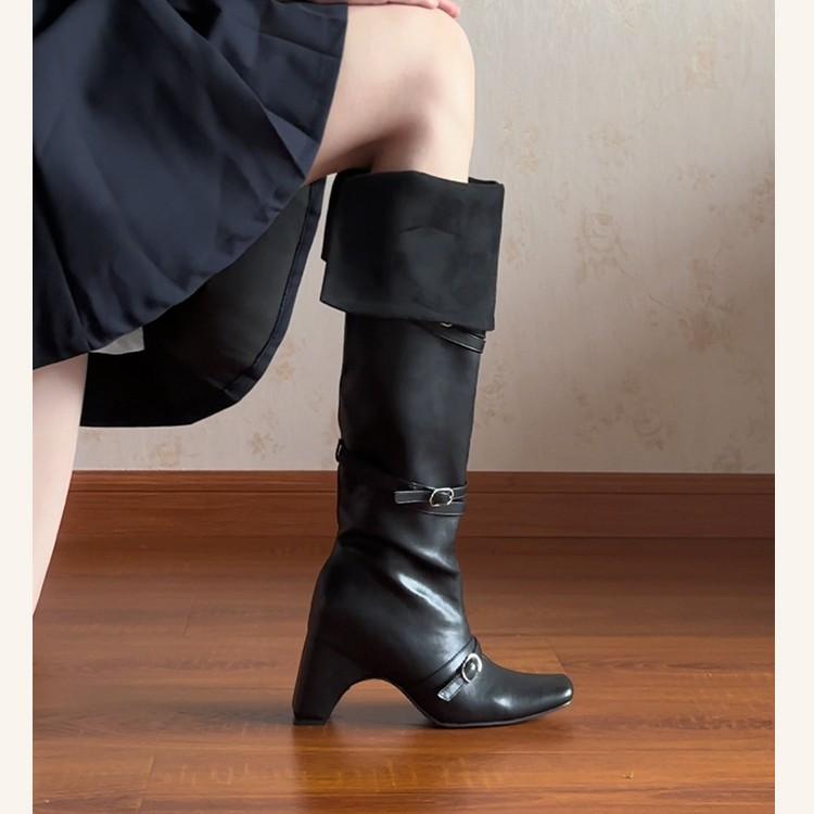 Retro Spice Girls Square Head Versatile Thick Heel Boots 2025 New Two Wear Fold Over Knee Belt Buckle Pile Boots