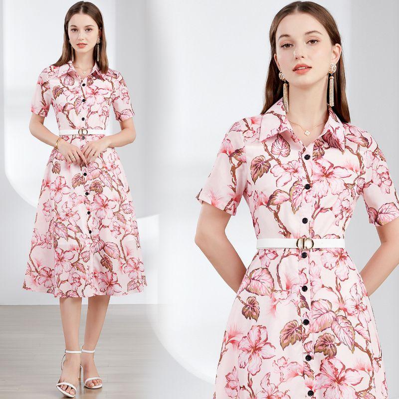 

Pink to Make You Younger Stylish Print Dress Women s 2024 Summer New Arrival Temperament Waist-Controlled A- line Shirt Dress Color S