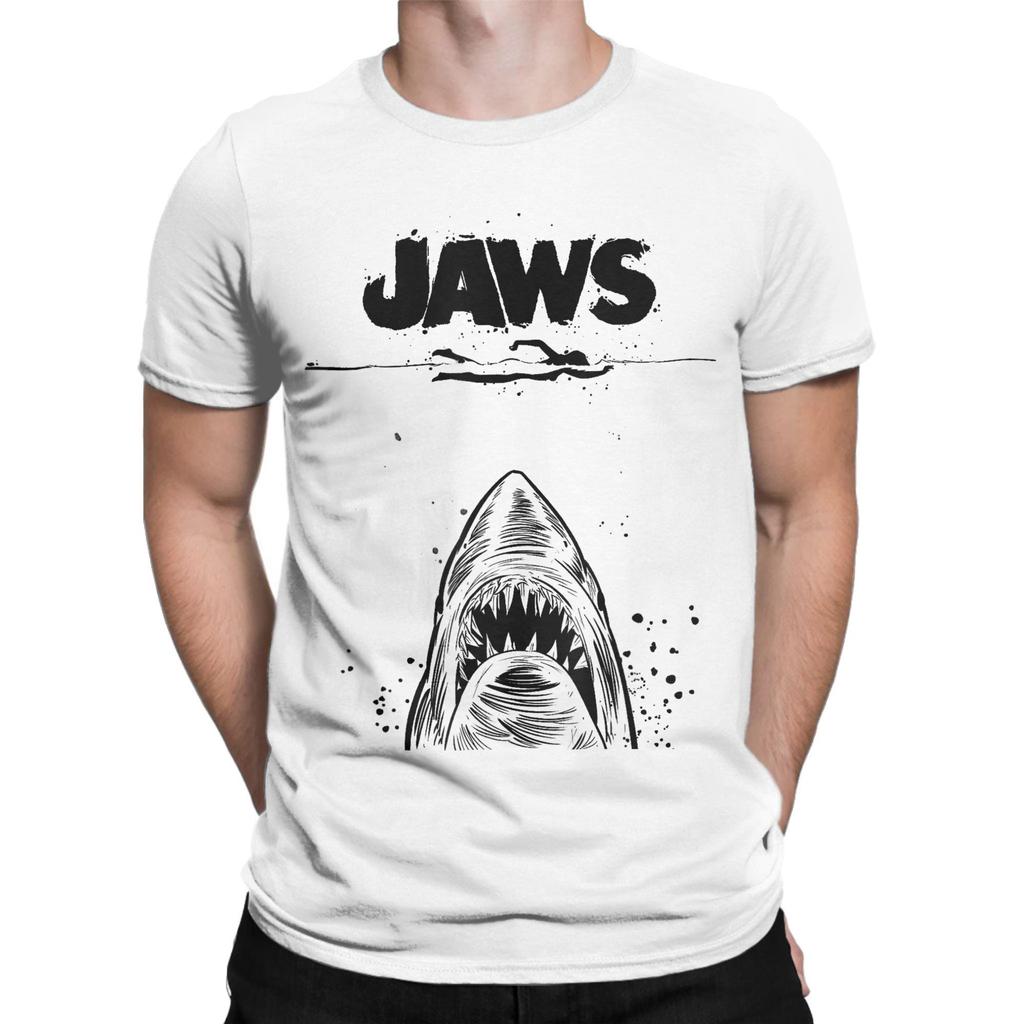 Jaws 50th Anniversary Poster Men's T Shirts Shark Sketch Creative Tee Short Sleeve Crew Neck T-Shirts Cotton Printed Clothing