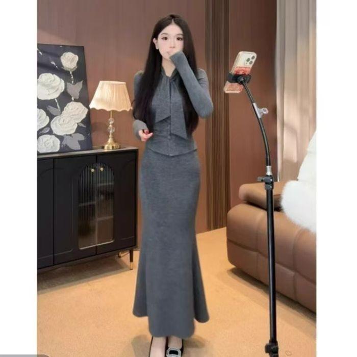 

Elegant Gray Long-Sleeve Knitted Cardigan with Fishtail Skirt for Women - Winter Collection Small