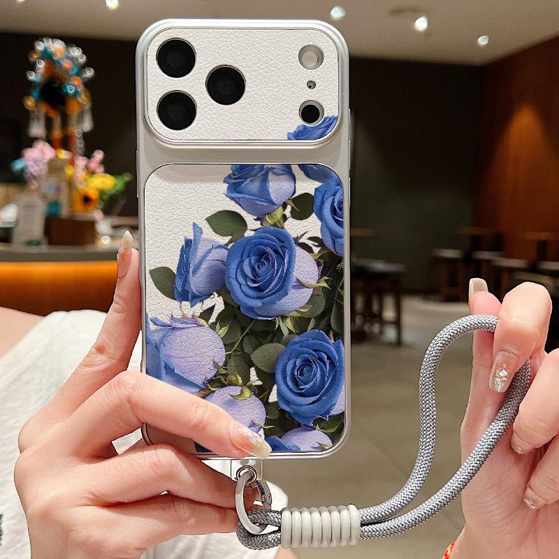 Colorful Flowers Print Leather Lanyard Case For iPhone 18 Pro Max Hybrid TPU+PU Anti-skid Soft Cover For iPhone 17 16 15 14 13 Pro Max