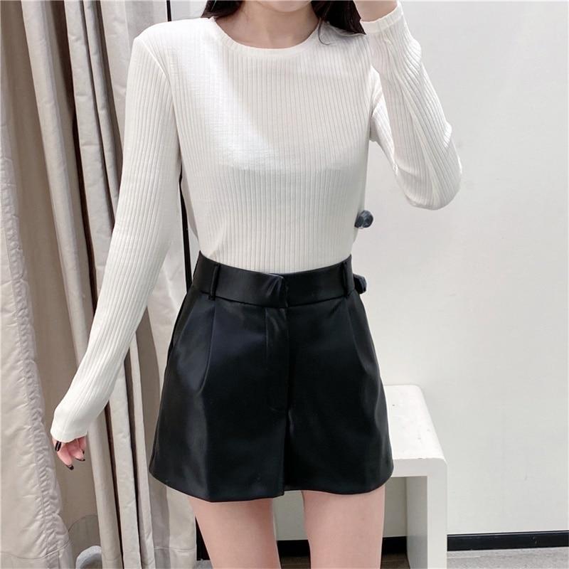 Women Chic Fashion Faux Leather Side Pockets Shorts Vintage High Waist Zipper Fly Female Skirts Mujer Streetwear
