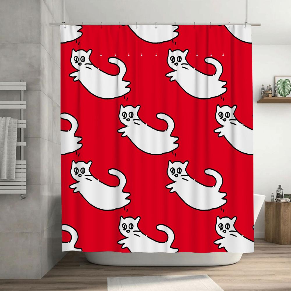 Red Shower Curtain with White Cats Pattern Bathtub Decorative Liner for Home Bathroom Accessories