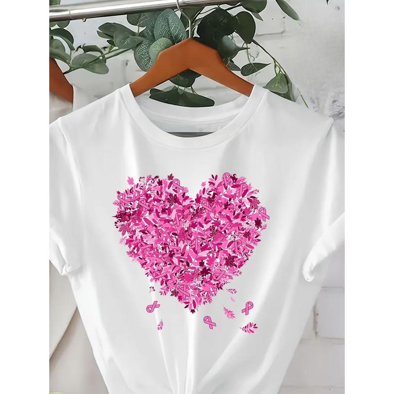 Taglie Europee T-shirt Rosa Awareness Cancro al Seno da Donna - Cuore Rosa con Grafica di Foglie - Morbida Maglietta di Uso Quotidiano per Ottobre - T-shirt di Supporto per il Cancro al Seno