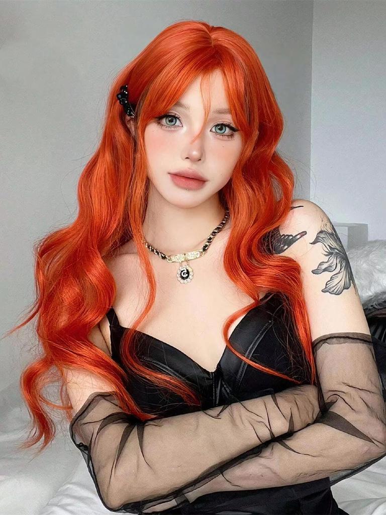 ALAN EATON Long Orange Synthetic Wig Water Wavy Wig with Bangs for Women Realistic Fake Hair Halloween Party Use Heat Resistant Cosplay Use