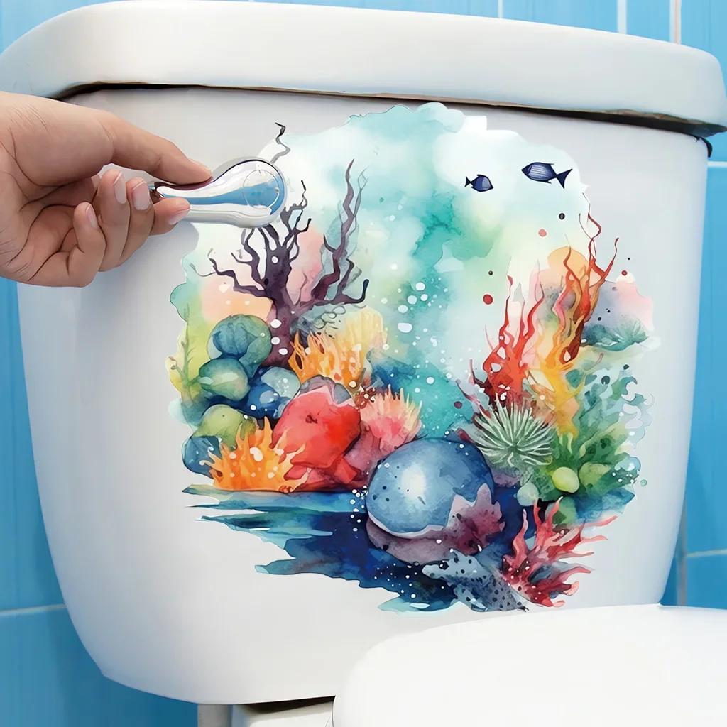Sea Turtle Coral Jellyfish Toilet Lid Decal Sticker Bathroom Beautification Self-Adhesive Decoration Waterproof Sticker