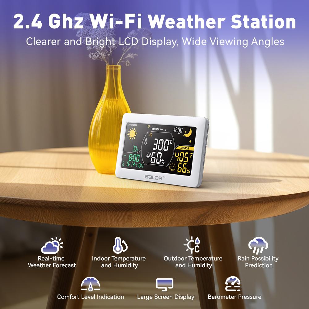  WiFi Weather Station Wireless Indoor Outdoor Thermometer Hygrometer Wall Alarm Clock Pressure App Online Forecast Monitor