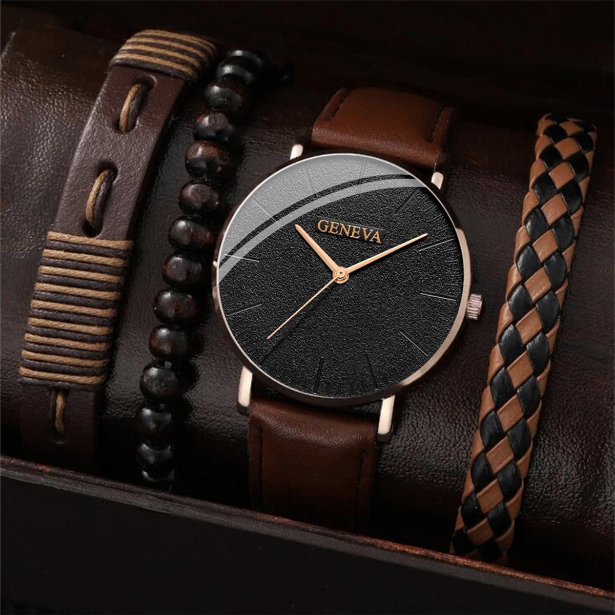 LP55 Hot Sale 4Pcs Men s Fashion Watch Set Leather Belt Original Quartz Watch & Leather Bracelet Set Casual Fashion Gift for Men LP55 -- without box