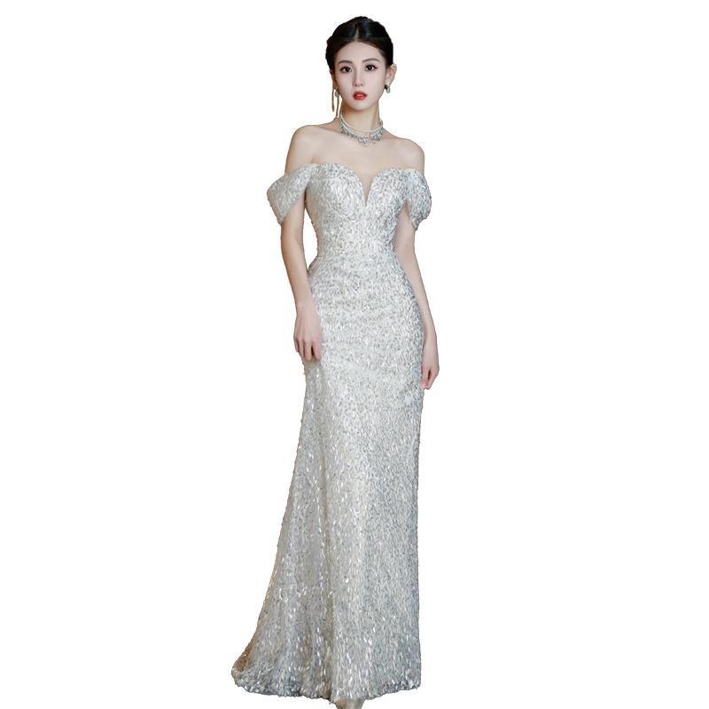 French Fishtail Light Wedding Dress 1011 New Bride Small One-word Shoulder Large Size Simple Going Out Dress Women