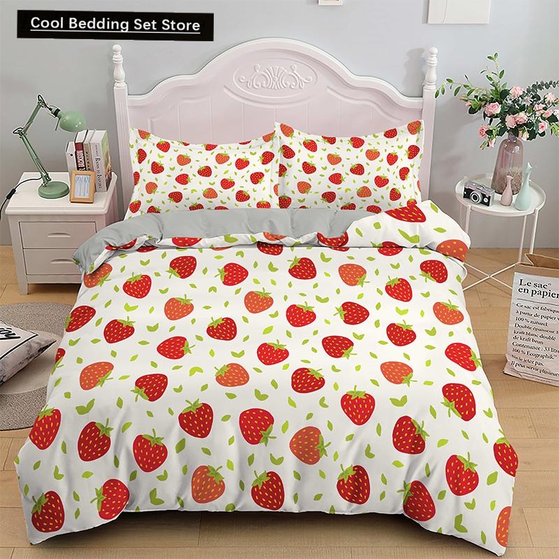 Red Strawberry Cute Bedding Set 3D Pink Lovely Summer Fruit Duvet Cover King Queen For Kids Girls 2/3Pcs Polyester Quilt Cover