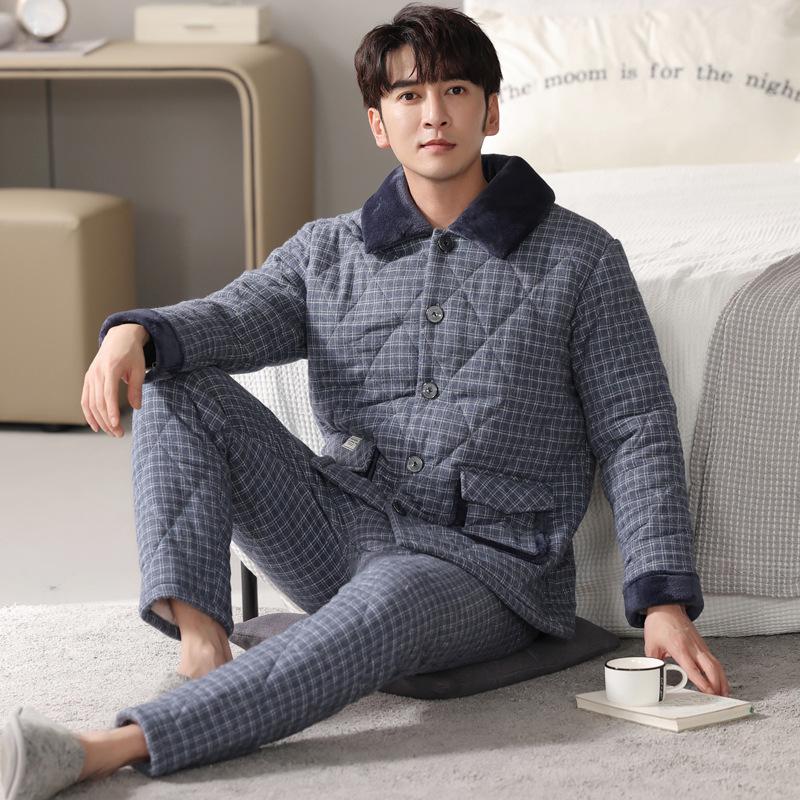 Pajamas Men'S Winter Three-Layer Thickened And Velvet Woven Pure Cotton Padded Autumn And Winter Mid-Dad Warm Loungewear