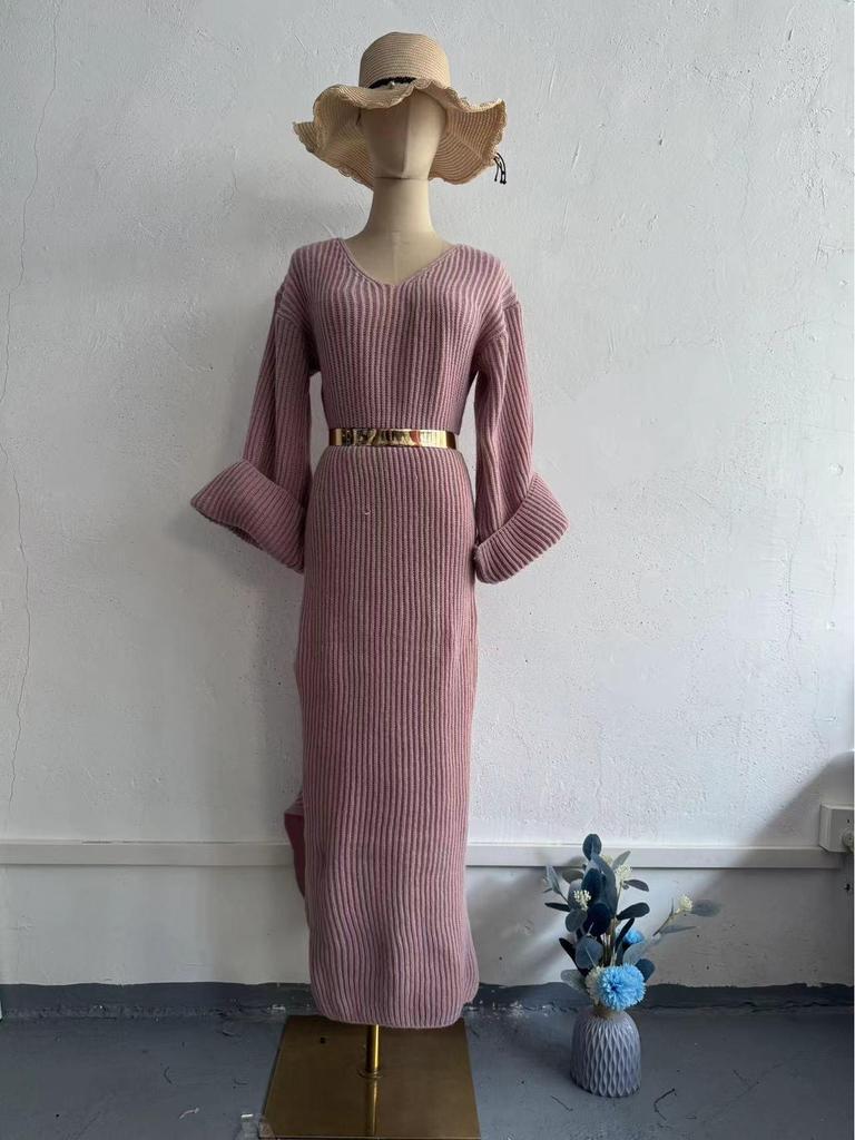 2024 Herbst/Winter Schlankes V-Ausschnitt Strickkleid - Neuer Modischer Intellektueller Stil