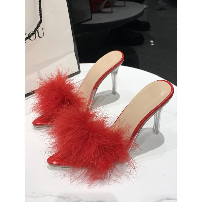 Summer new large size fluff fashion fish mouth sandals sexy stiletto high heels women's transparent one-word slippers