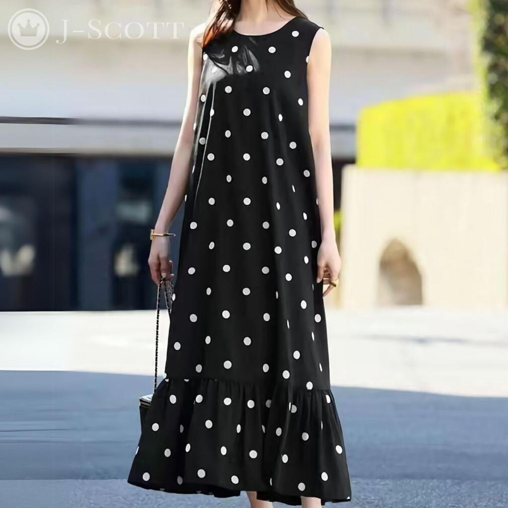 J-Scott Women's Sleeveless Polka Dot Print Long Dress, Round Neck, Summer Dress, A-Line, Sleeveless, White, JS172-WH-L